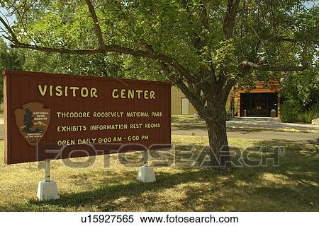 Stock Photography -  Medora, ND, North Dakota, Theodore Roosevelt National Park, South Unit, Visitor Center, sign. Fotosearch