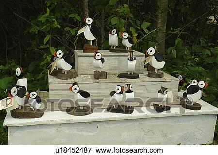 Monhegan Island, ME, Maine, wood sculptures, puffins View Large Photo Image Stock Photo - Monhegan Island, ME, Maine, wood sculptures, puffins. Fotosearch