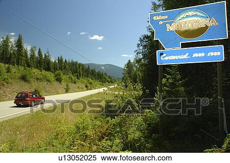 Stock Photography -  MT, Montana, Welcome to Montana, road sign, border. Fotosearch