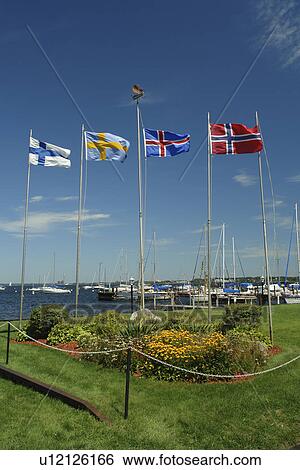 Stock Photograph -  Muskegon, MI, Michigan, Lake Michigan, Scandinavian Flags, public park. Fotosearch
