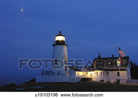 Stock Photograph -  New Harbor, ME, Maine, Pemaquid Point & Lighthouse, evening. Fotosearch