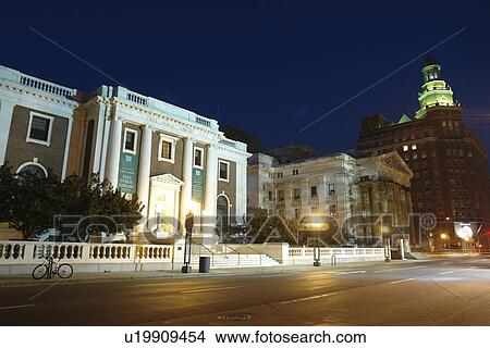 Picture -  New Haven, CT, Connecticut, Downtown, Free Public Library, evening. Fotosearch