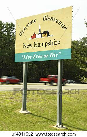 Stock Image -  NH, New Hampshire, I-95 Welcome Sign, state line, border, Live Free or Die. Fotosearch