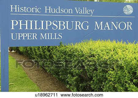 Stock Image -  Sleepy Hollow, NY, New York, Hudson Valley, Westchester, Philipsburg Manor, entrance sign. Fotosearch