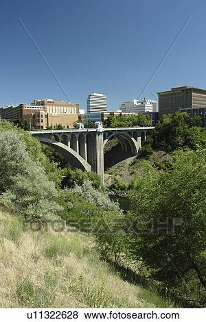 Spokane, WA, Washington, downtown, skyline, Monroe Street Bridge, Spokane River View Large Photo Image Stock Photo - Spokane, WA, Washington, downtown, skyline, Monroe Street Bridge, Spokane River. Fotosearch