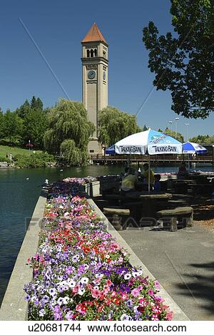 Picture -  Spokane, WA, Washington, Spokane River, Clock Tower, Riverfront Park. Fotosearch
