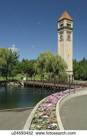 Stock Image -  Spokane, WA, Washington, Spokane River, Clock Tower, Riverfront Park. Fotosearch