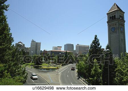 Stock Photo -  Spokane, WA, Washington, Spokane River, Clock Tower, expressway. Fotosearch