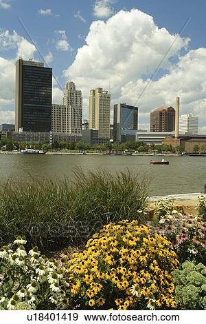 Stock Photo -  Toledo, OH, Ohio, Downtown Skyline, Maumee River, International Park. Fotosearch