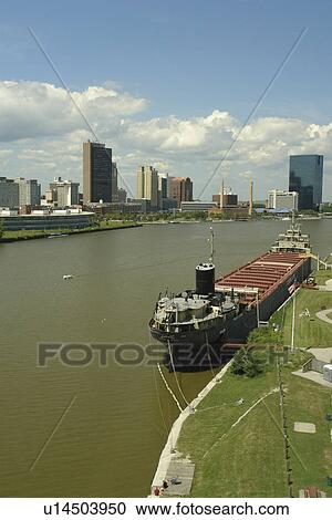 Stock Image -  Toledo, OH, Ohio, Maumee River, SS Willis B. Boyer, downtown skyline. Fotosearch