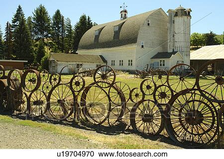Uniontown, The Palouse Country, WA, Washington, Whitman County, Dahmen Barn, Wagon Wheel Fence, roadside attraction View Large Photo Image Stock Image - Uniontown, The Palouse Country, WA, Washington, Whitman County, Dahmen Barn, Wagon Wheel Fence, roadside attraction. Fotosearch