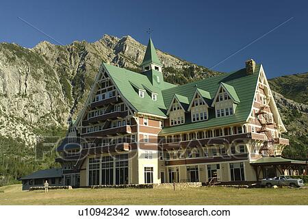 Stock Image -  Waterton Lakes National Park, Alberta, Canada, Rocky Mountains, Prince of Wales Hotel, Upper Waterton Lake. Fotosearch