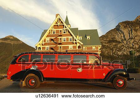 Waterton Lakes National Park, Alberta, Canada, Rocky Mountains, Prince of Wales Hotel, Upper and Middle Waterton Lakes, red jammer tour buses View Large Photo Image Stock Image - Waterton Lakes National Park, Alberta, Canada, Rocky Mountains, Prince of Wales Hotel, Upper and Middle Waterton Lakes, red jammer tour buses. Fotosearch