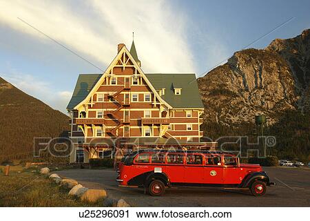 Waterton Lakes National Park, Alberta, Canada, Rocky Mountains, Prince of Wales Hotel, Upper and Middle Waterton Lakes, red jammer tour buses View Large Photo Image Stock Image - Waterton Lakes National Park, Alberta, Canada, Rocky Mountains, Prince of Wales Hotel, Upper and Middle Waterton Lakes, red jammer tour buses. Fotosearch