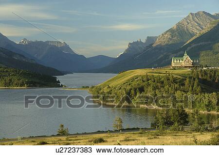 Waterton Lakes National Park, Alberta, Canada, Rocky Mountains, Prince of Wales Hotel, Upper and Middle Waterton Lakes View Large Photo Image Stock Image - Waterton Lakes National Park, Alberta, Canada, Rocky Mountains, Prince of Wales Hotel, Upper and Middle Waterton Lakes. Fotosearch