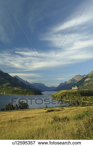 Waterton Lakes National Park, Alberta, Canada, Rocky Mountains, Prince of Wales Hotel, Upper and Middle Waterton Lakes View Large Photo Image Stock Photo - Waterton Lakes National Park, Alberta, Canada, Rocky Mountains, Prince of Wales Hotel, Upper and Middle Waterton Lakes. Fotosearch