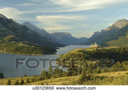 Waterton Lakes National Park, Alberta, Canada, Rocky Mountains, Prince of Wales Hotel, Upper and Middle Waterton Lakes View Large Photo Image Stock Photo - Waterton Lakes National Park, Alberta, Canada, Rocky Mountains, Prince of Wales Hotel, Upper and Middle Waterton Lakes. Fotosearch