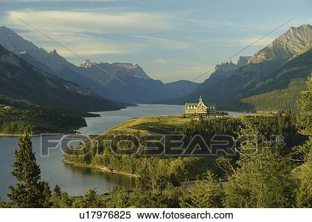 Waterton Lakes National Park, Alberta, Canada, Rocky Mountains, Prince of Wales Hotel, Upper and Middle Waterton Lakes View Large Photo Image Stock Photography - Waterton Lakes National Park, Alberta, Canada, Rocky Mountains, Prince of Wales Hotel, Upper and Middle Waterton Lakes. Fotosearch