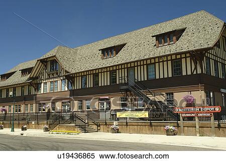 Stock Photography -  Whitefish, MT, Montana, Downtown, 1927 chalet-like Great Northern Railway Depot, Amtrak. Fotosearch