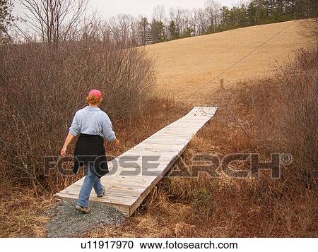 Stock Image -  woman hiking, Fisher Peak Loop Trail, Blue Ridge Parkway, Galax, Virginia, VA. Fotosearch