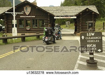 Yellowstone National Park, WY, Wyoming, MT, Montana, North East Entrance gate, motorcycles View Large Photo Image Stock Photo - Yellowstone National Park, WY, Wyoming, MT, Montana, North East Entrance gate, motorcycles. Fotosearch