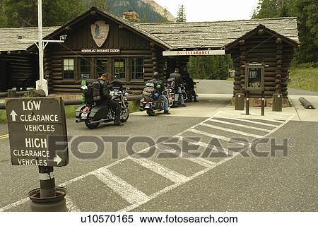 Yellowstone National Park, WY, Wyoming, MT, Montana, North East Entrance gate, motorcycles View Large Photo Image Stock Photography - Yellowstone National Park, WY, Wyoming, MT, Montana, North East Entrance gate, motorcycles. Fotosearch