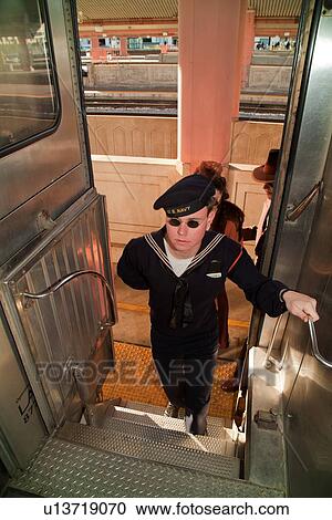 Stock Image - 1940's Reenactors relive Pearl Harbor Day World War II Troop Train, Los Angeles to San Diego.. Fotosearch