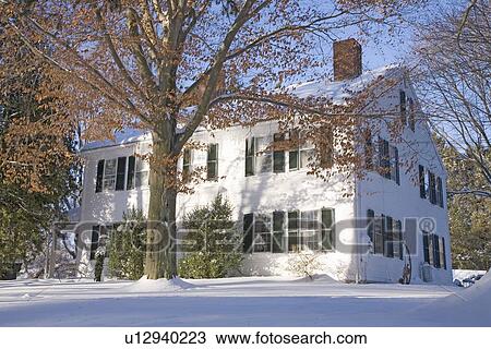 New England Home in Snow View Large Photo Image Stock Image - New England Home in Snow. Fotosearch