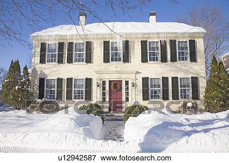 New England Home in Snow View Large Photo Image Stock Photo - New England Home in Snow. Fotosearch