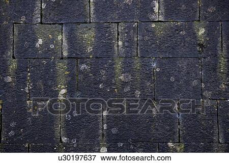 Dark old stone wall with some moss View Large Photo Image Stock Photo - Dark old stone wall with some moss. Fotosearch