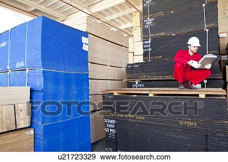 Hispanic worker inspecting tablet PC in timber warehouse View Large Photo Image Stock Photo - Hispanic worker inspecting tablet PC in timber warehouse. Fotosearch