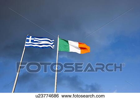 Stock Photograph - Irish and Greek flag in Dublin. Fotosearch