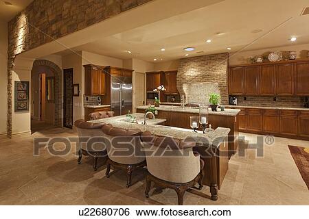 Luxury open plan kitchen with bar View Large Photo Image Stock Photograph - Luxury open plan kitchen with bar. Fotosearch