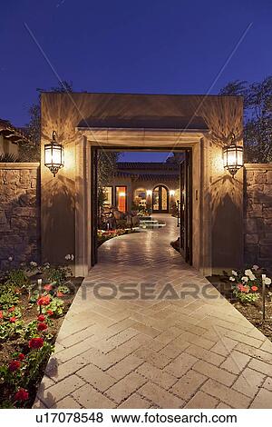 Open gate with path leading to front door View Large Photo Image Stock Photo - Open gate with path leading to front door . Fotosearch