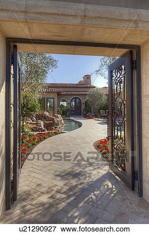 Open gate with path leading to front door View Large Photo Image Stock Photo - Open gate with path leading to front door . Fotosearch