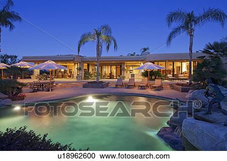 view across a pool to patio of luxury home View Large Photo Image Stock Image - view across a pool to patio of luxury home. Fotosearch