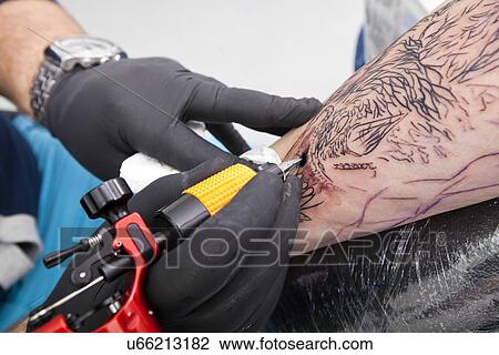 Cropped image of artist tattooing man's arm in tattoo parlor View Large Photo Image Stock Image - Cropped image of artist tattooing man's arm in tattoo parlor. Fotosearch