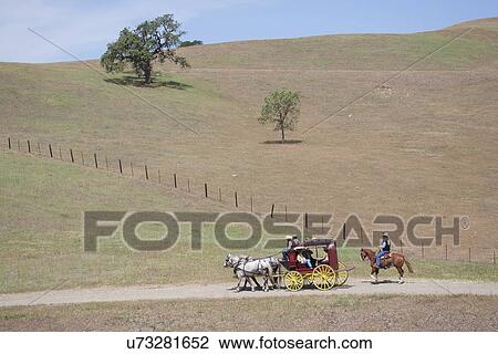 Stock Image - Spirit of the West, a stage coachand horse-drawn vehicle reenactment in Santa Ynez, California. Fotosearch