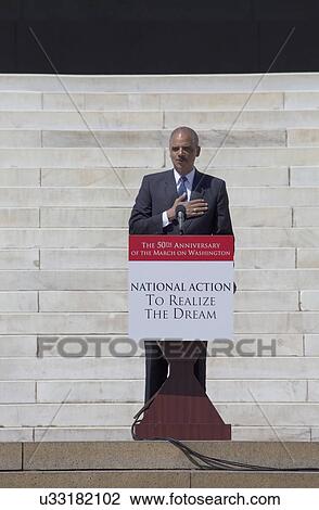 Stock Image - U. S. Attorney Eric Holder Jr. speaks at the National Action to Realize the Dream march and rally commemorating the 50th Anniversary of the march on Washington, D. C.. Fotosearch