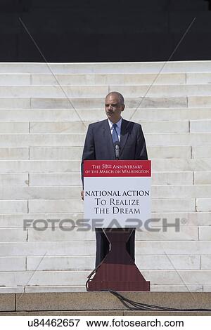 Stock Photo - U. S. Attorney Eric Holder Jr. speaks at the National Action to Realize the Dream march and rally commemorating the 50th Anniversary of the march on Washington, D. C.. Fotosearch