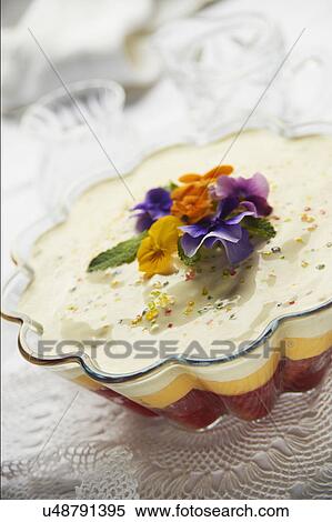 Bowl Of Homemade Sherry Trifle With Flowers View Large Photo Image Stock Photography - Bowl Of Homemade Sherry Trifle With Flowers. Fotosearch