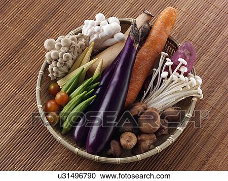 Stock Image - A basket of raw fresh vegetables ingredients. Fotosearch