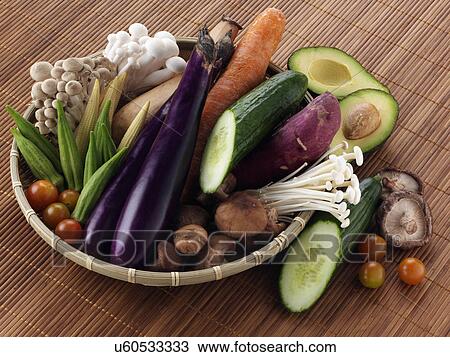 Stock Image - A basket of raw fresh vegetables ingredients. Fotosearch