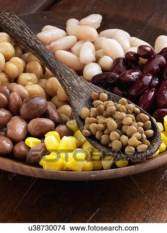A bowl of beans red kidney lentils sweetcorn butter beans barlotti chick peas garbanzo beans View Large Photo Image Picture - A bowl of beans red kidney lentils sweetcorn butter beans barlotti chick peas garbanzo beans. Fotosearch