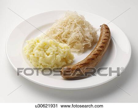 A plate of bratwurst sauerkraut and mashed potato View Large Photo Image Stock Image - A plate of bratwurst sauerkraut and mashed potato. Fotosearch