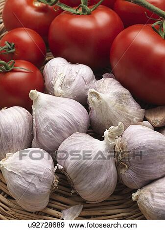 A wicker basket of garlic and ripe red tomatoes View Large Photo Image Stock Photo - A wicker basket of garlic and ripe red tomatoes. Fotosearch