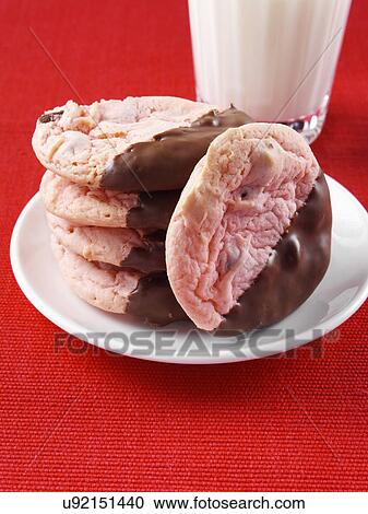 Stock Image - American strawberry cookies with milk. Fotosearch