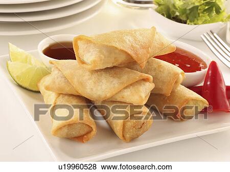 Stock Photo - Asian Samosas With Chilli Dipping Sauce On White Tabletop. Fotosearch