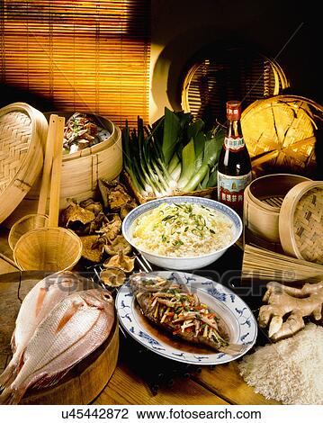 Stock Image - Assorted Asian Or Chinese Dishes With Fish And Rice. Fotosearch
