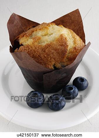 Stock Photo - Blueberry muffin with fruit on a white plate. Fotosearch